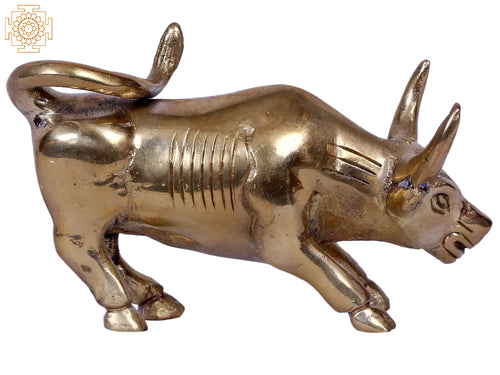 Small Gold-Plated Brass Bull Statue - Attacking Furious Design