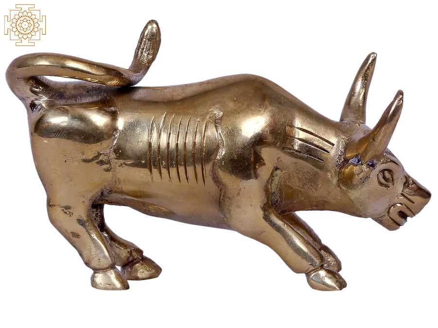 Small Gold-Plated Brass Bull Statue - Attacking Furious Design