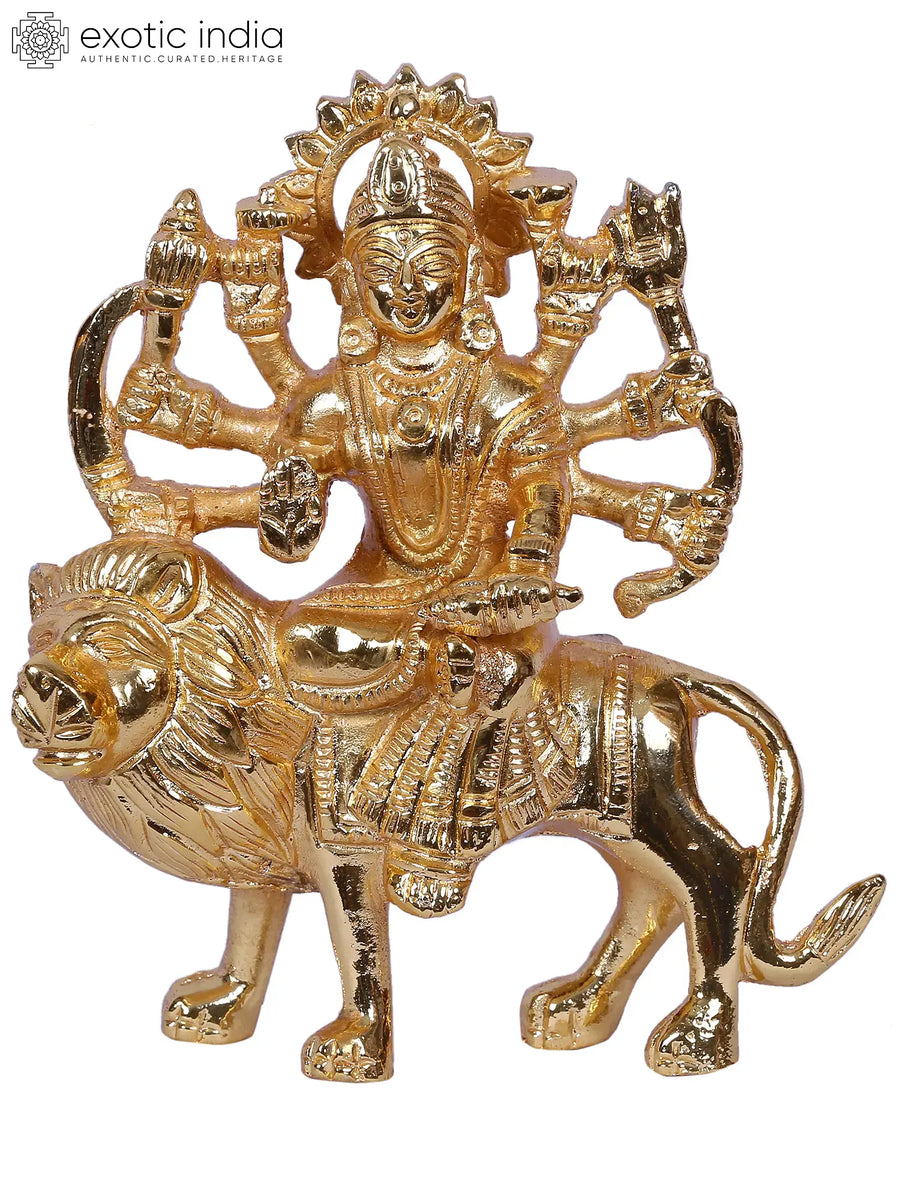 5" Goddess Durga Seated on Lion Gold-Plated Brass Idol
