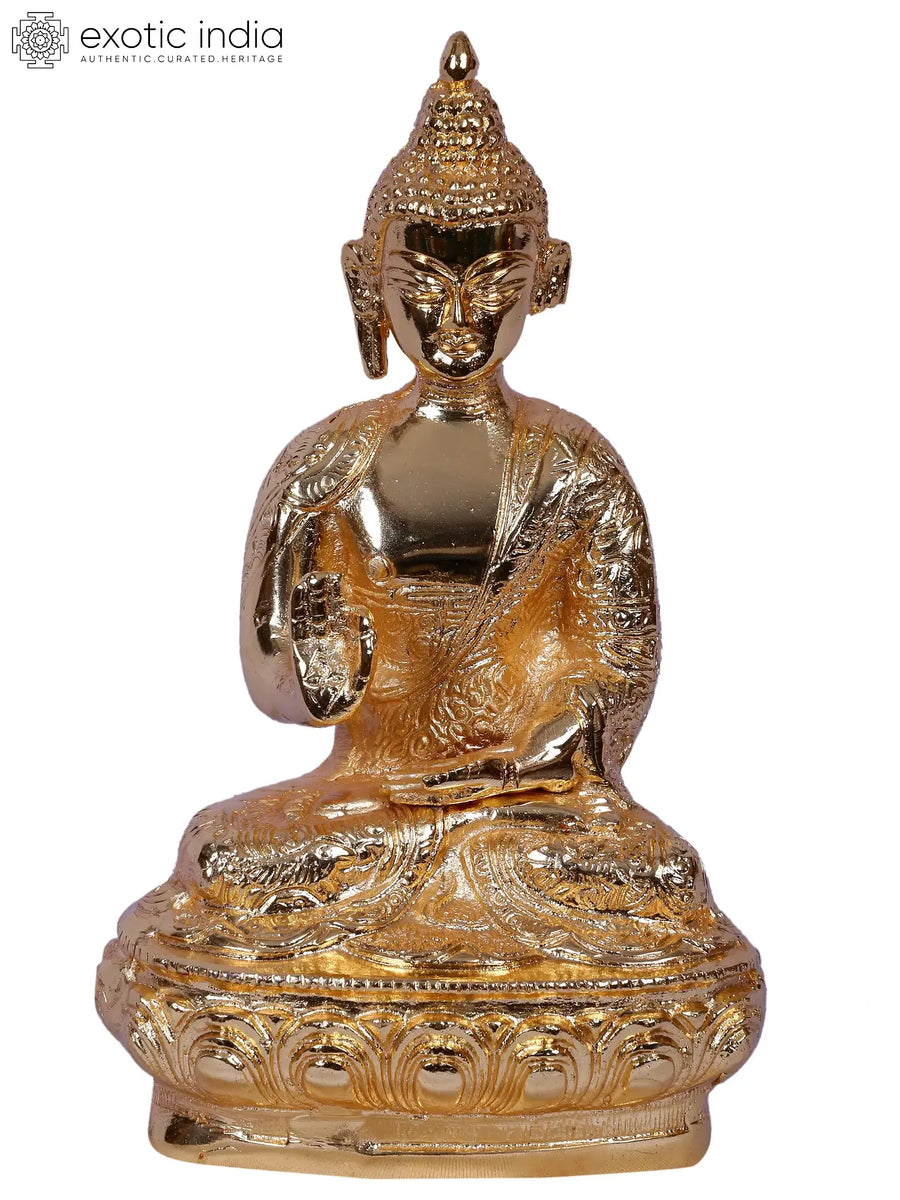 8" Gold-Plated Brass Buddha Seated Statue for Home Decor