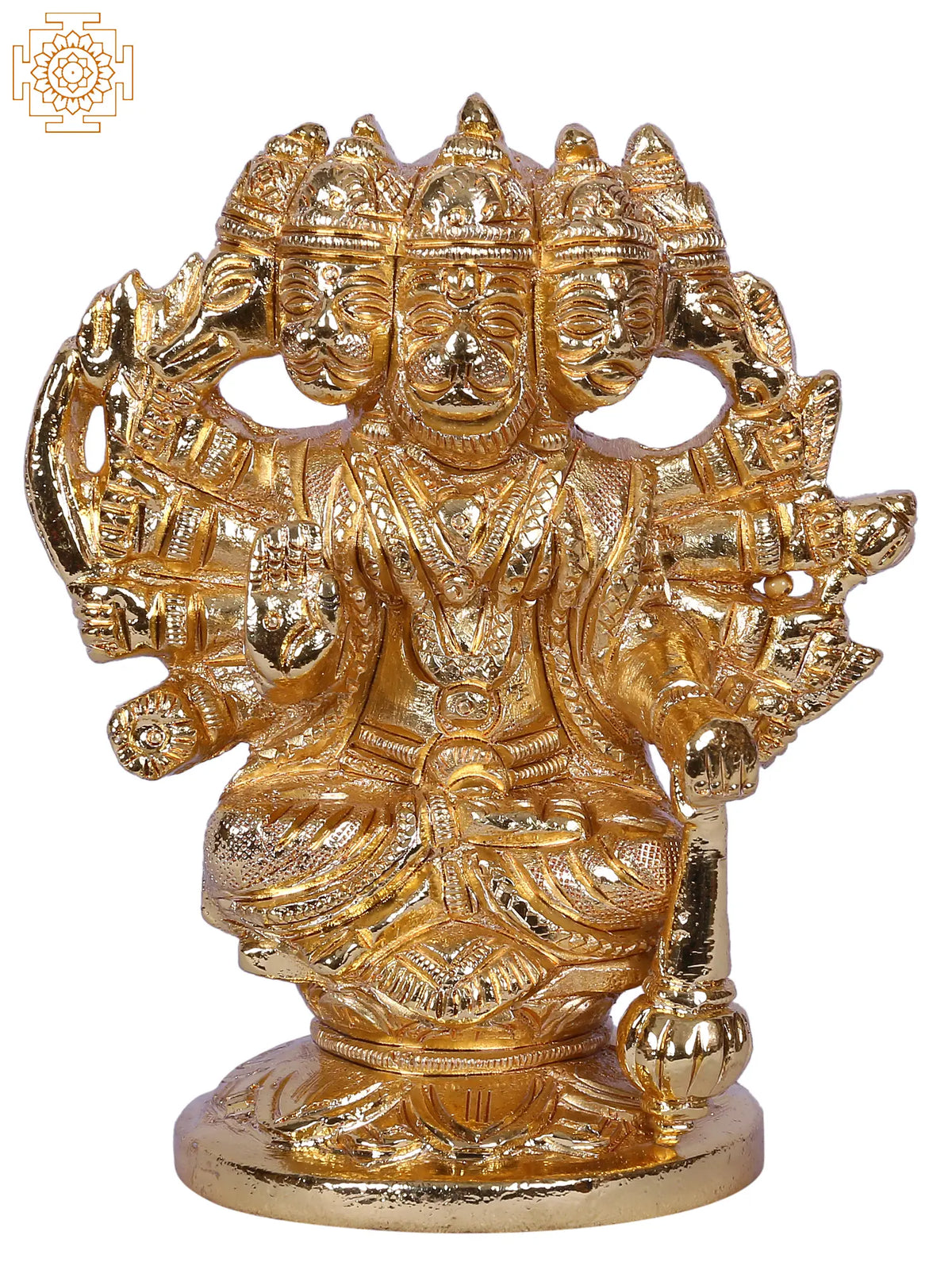 4'' Small Panchamukhi Hanuman Statue Seated With Gada | Gold-Plated Brass Idols