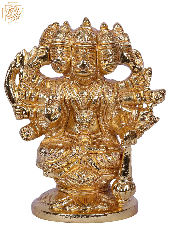 4'' Small Panchamukhi Hanuman Statue Seated With Gada | Gold-Plated Brass Idols