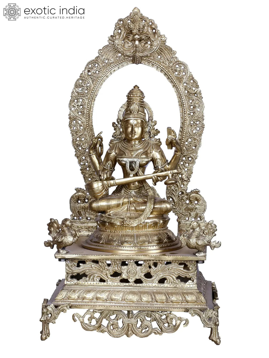 Goddess Saraswathi Seated With Arch Brass Idol