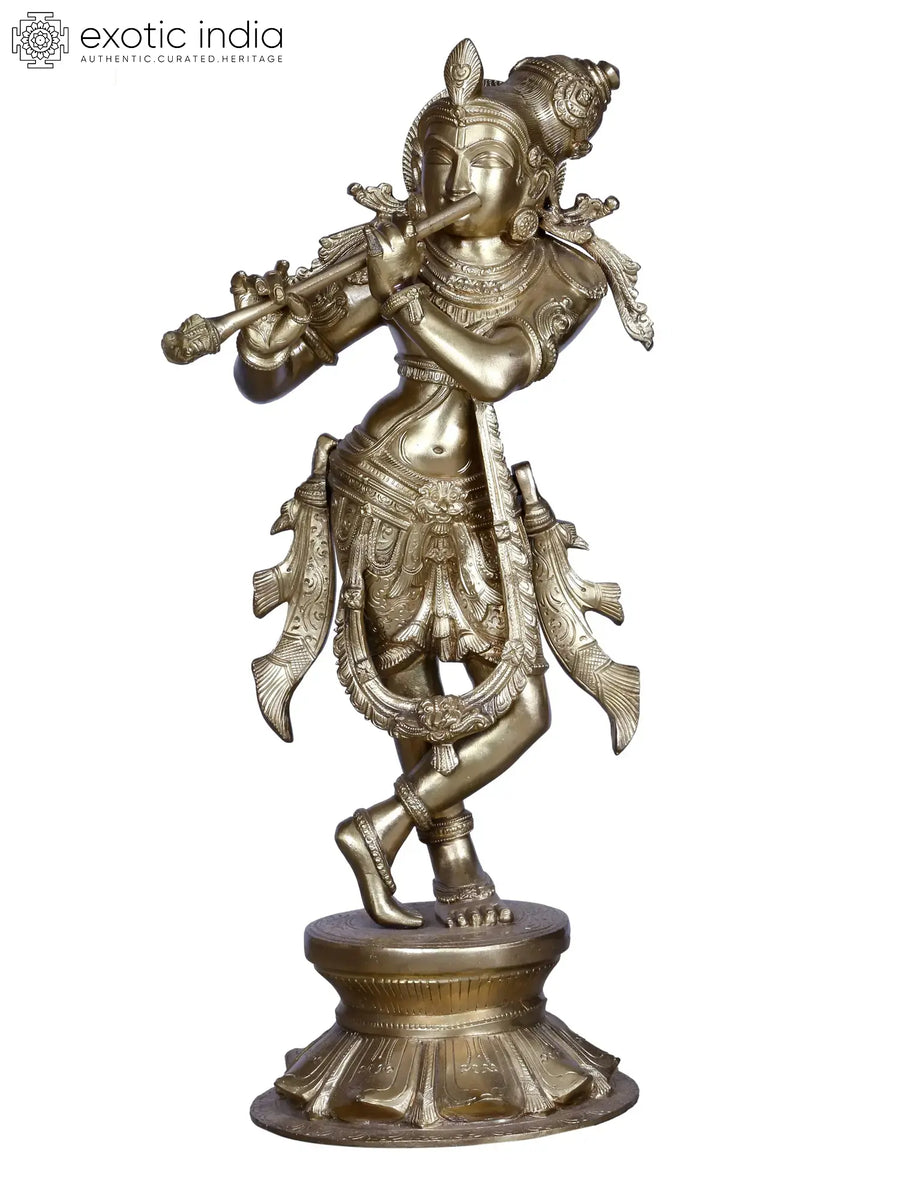 Lord Krishna Playing Flute Handmade Brass Statue