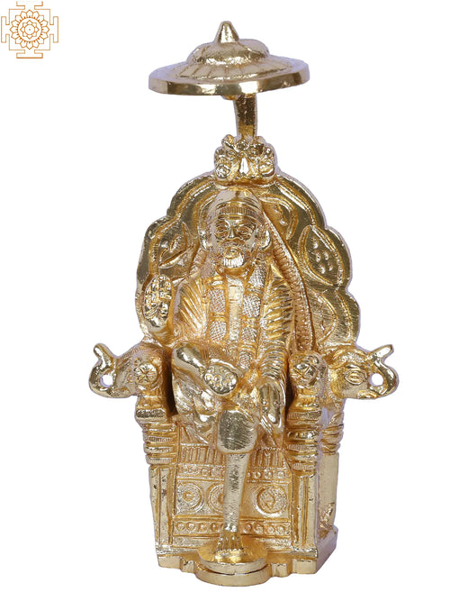 5" Gold-Plated Sai Baba with Umbrella Throne Brass Idol