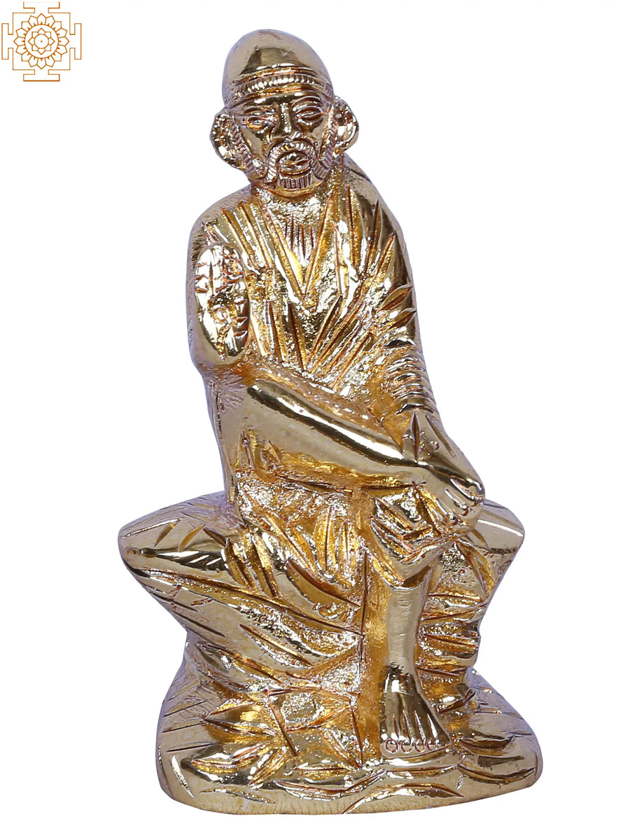 Small Sai Baba Seated Gold-Plated Brass Statue for Pooja