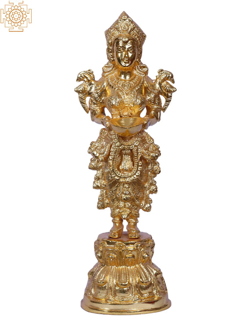 13" Gold-Plated Brass Paavai Vilakku Standing Statue