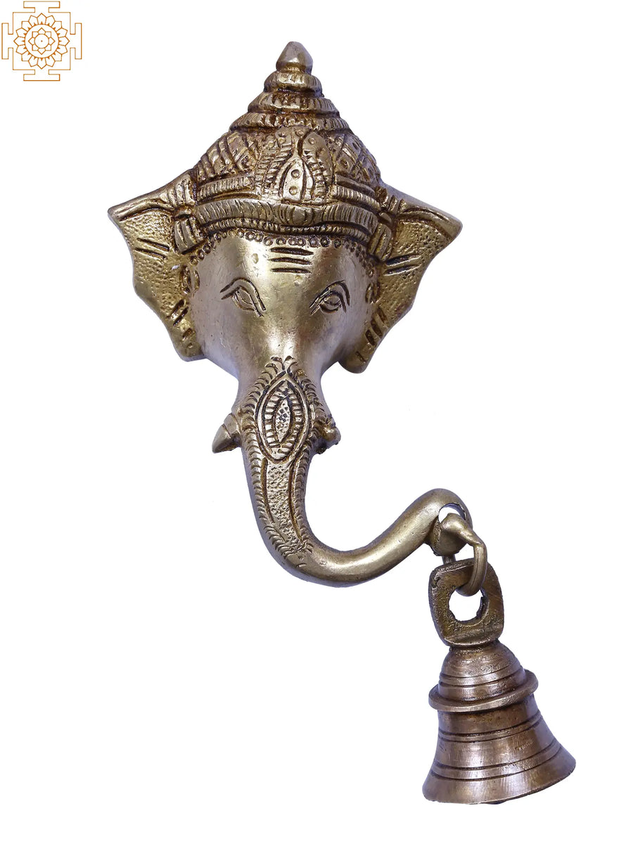 6" Brass Ganesha Head Statue with Bell