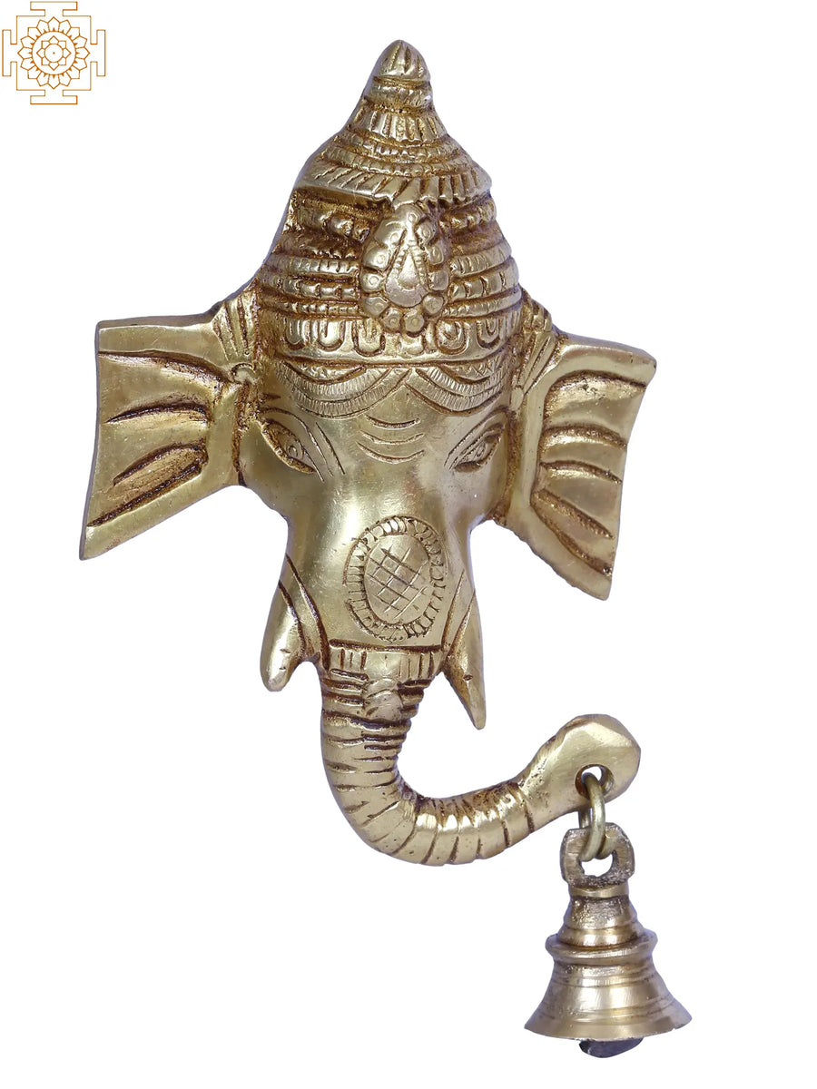 8" Ganesha Brass Bell Wall Hanging Mask for Pooja