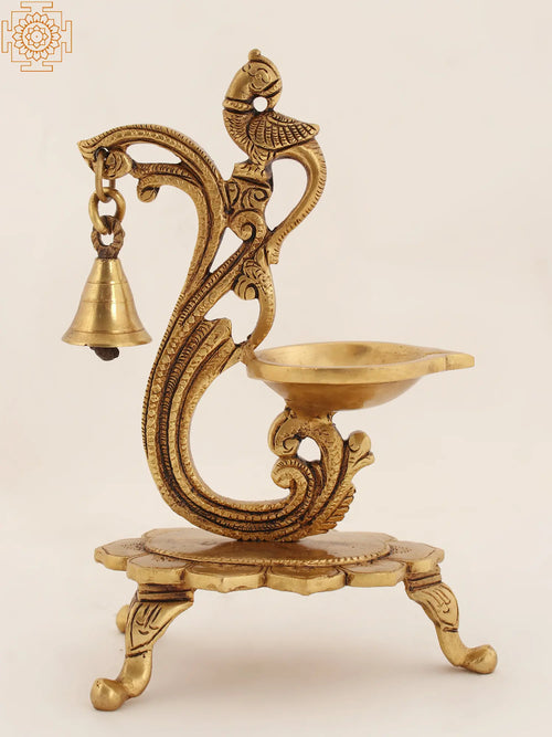 8" Brass Hindu Pooja Deepam With Bell Handmade
