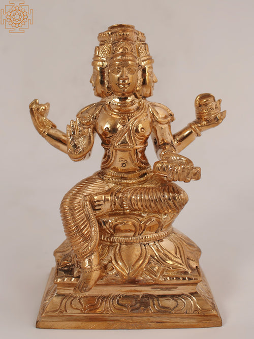 4" Lord Brahma Seated on Lotus Brass Statue for Pooja
