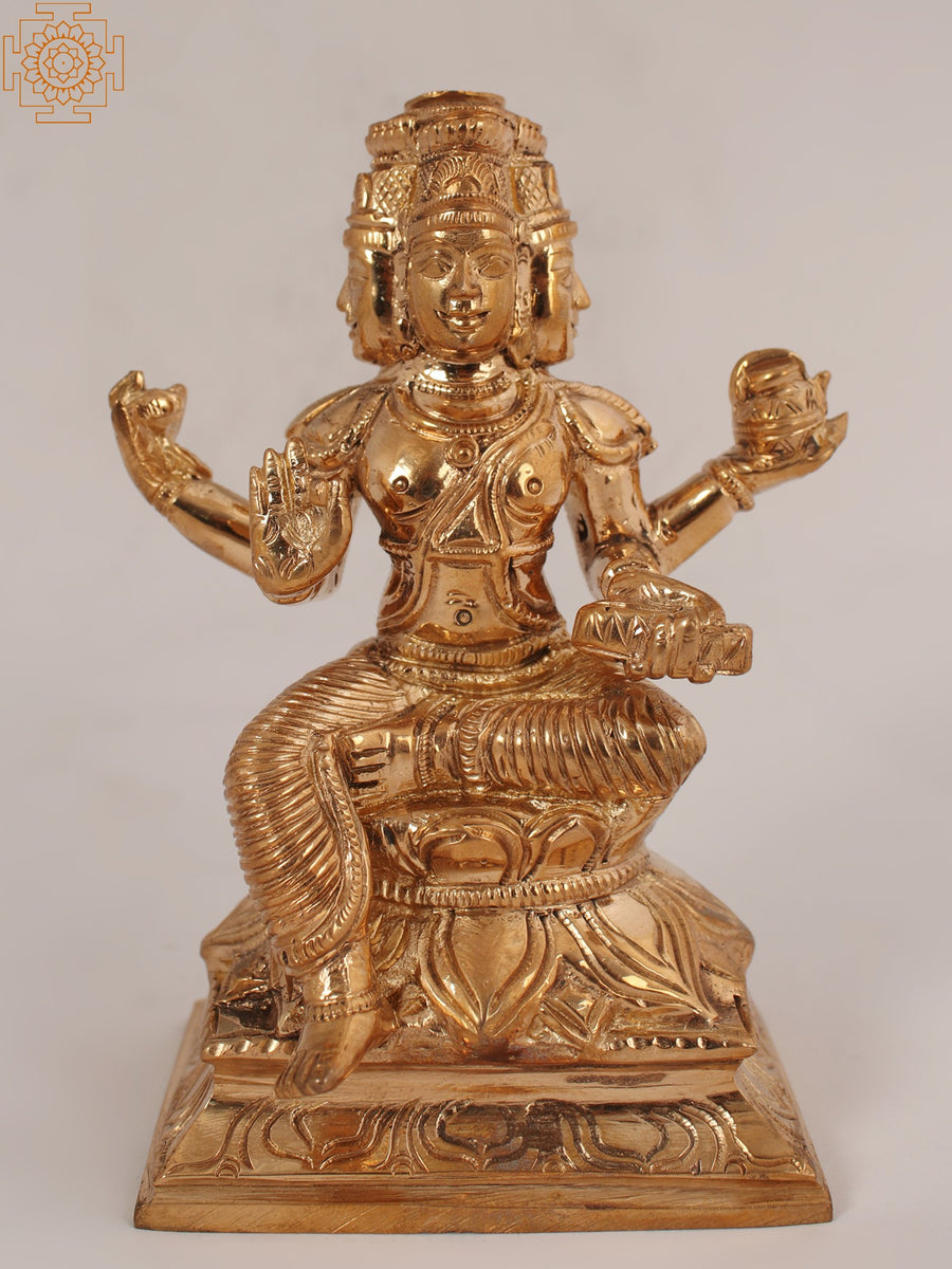 4" Lord Brahma Seated on Lotus Brass Statue for Pooja