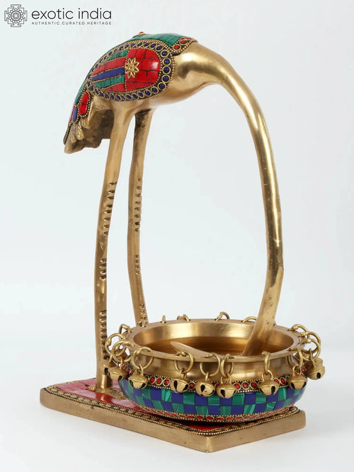 12" Leaning Flamingo with Urli Brass Statue for Home Decor