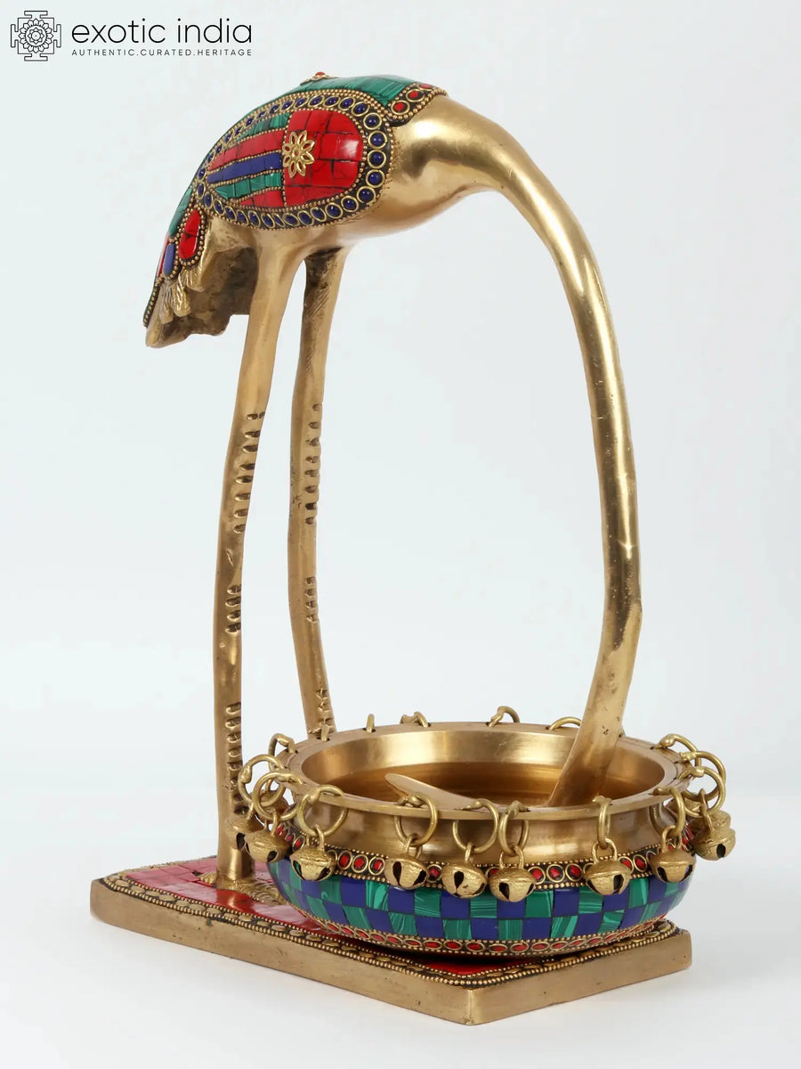 12" Leaning Flamingo with Urli Brass Statue for Home Decor