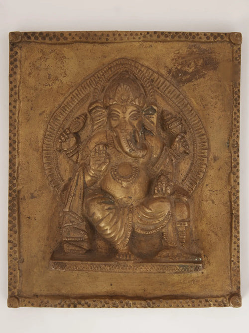 5" Ganesha Seated On Throne Brass Wall Hanging