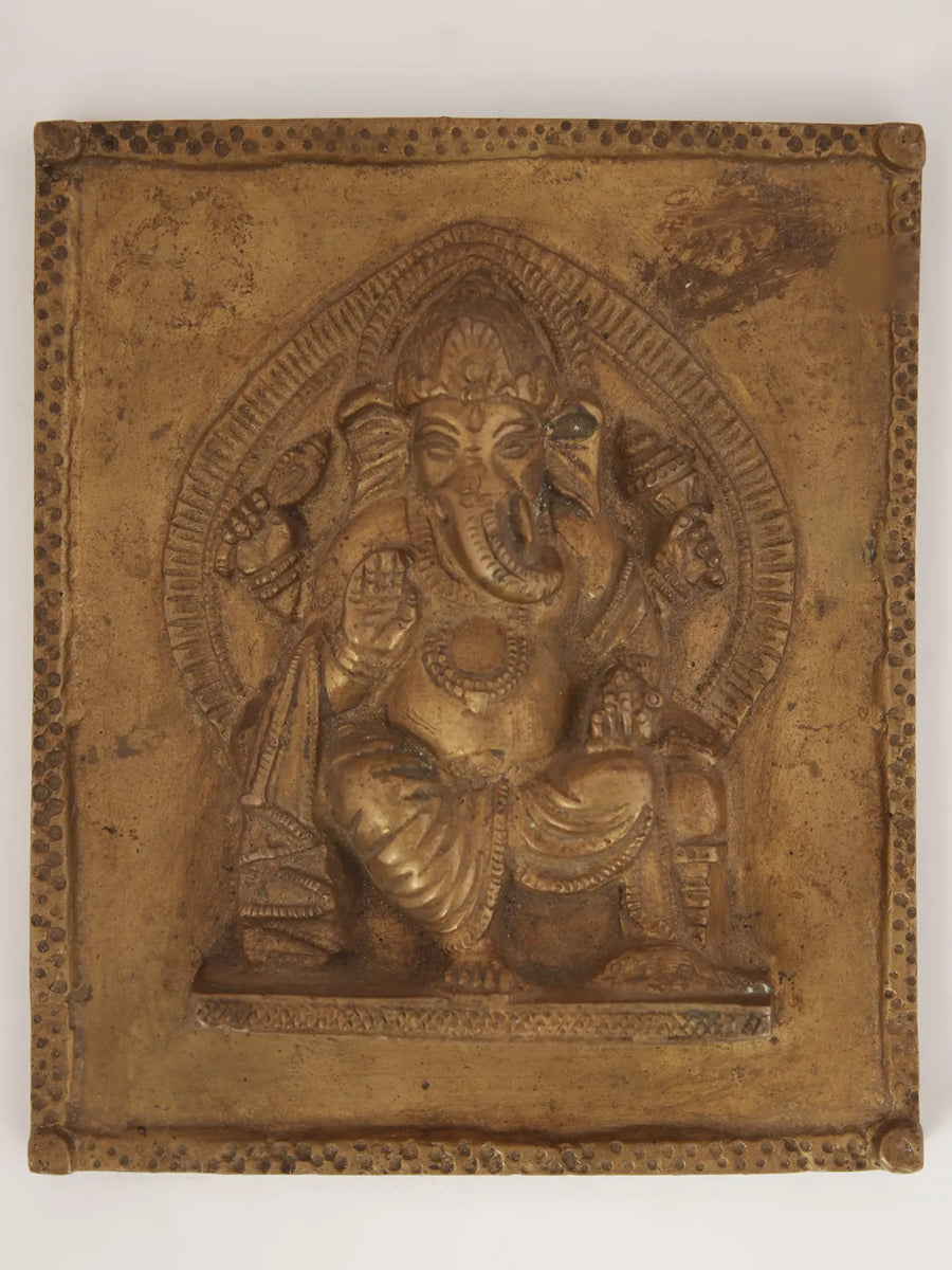5" Ganesha Seated On Throne Brass Wall Hanging