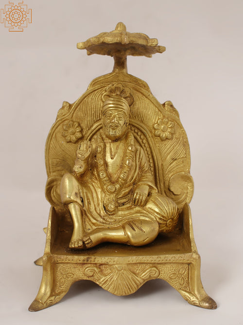 8" Sai Baba Seated on Throne Brass Statue with Umbrella