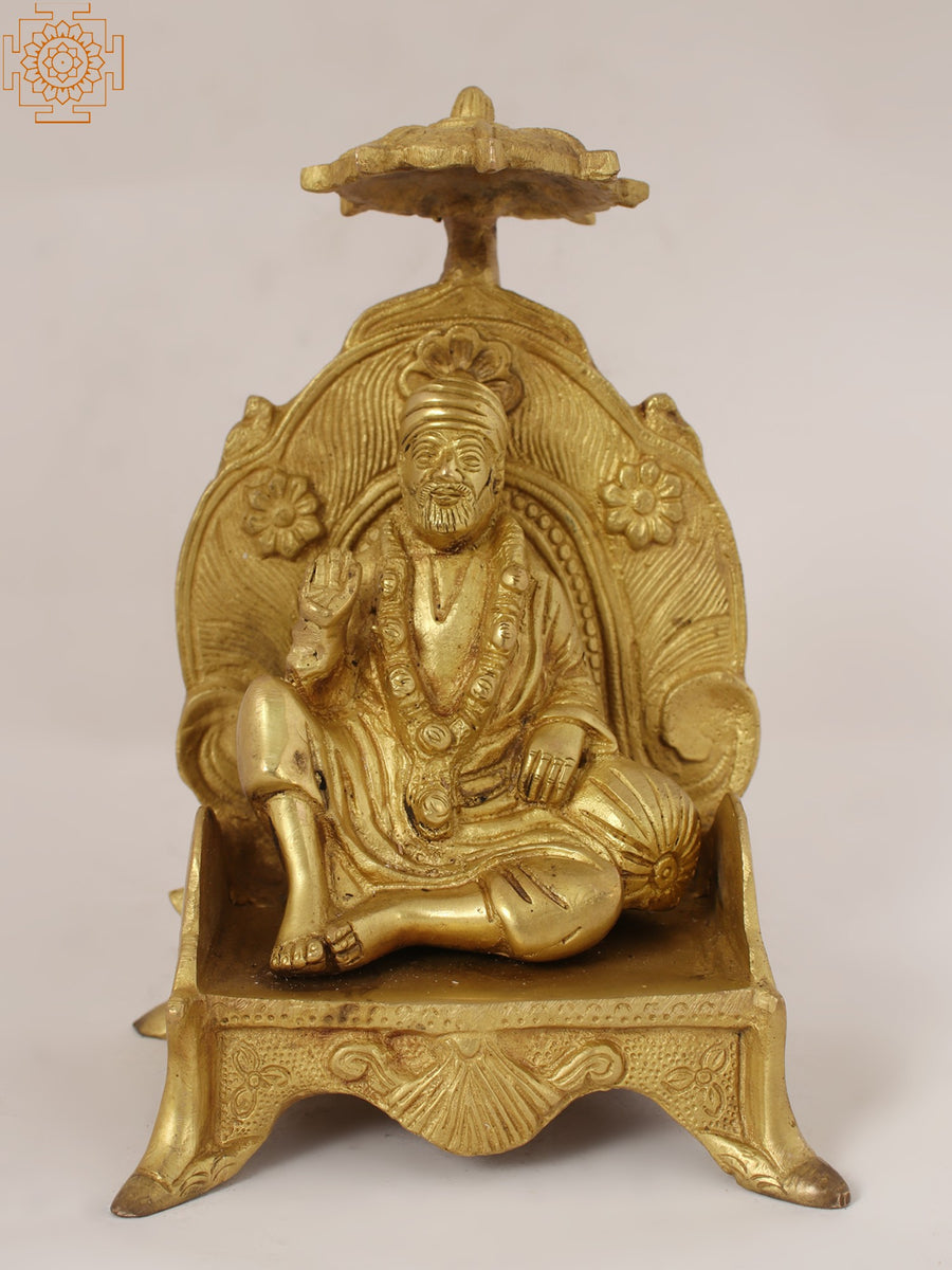 8" Sai Baba Seated on Throne Brass Statue with Umbrella