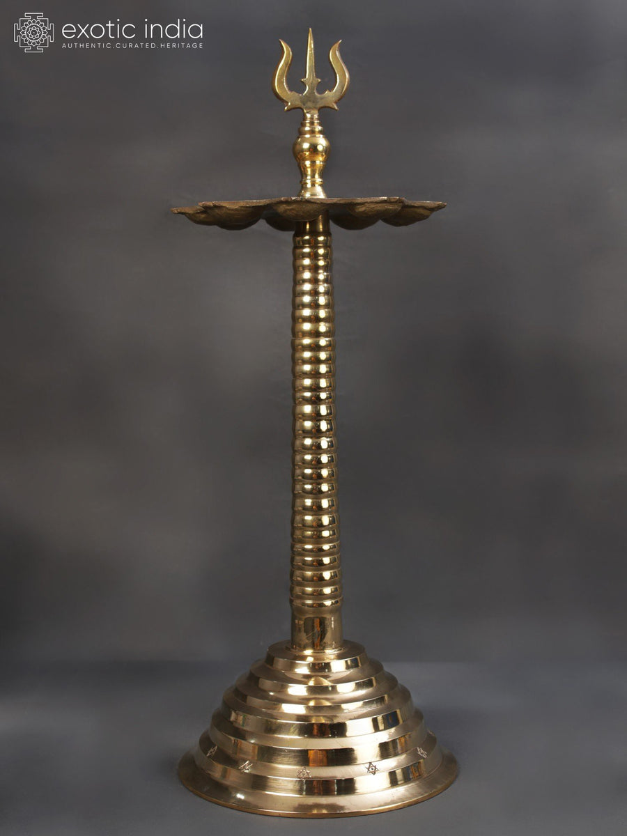 25" Brass Trident Lamp With Nine Wicks for Pooja