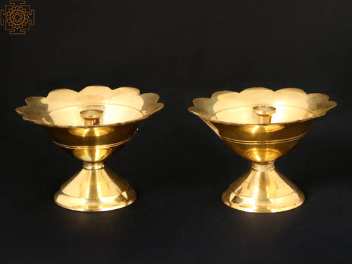 2" Small Flower Shaped Brass Deepam Set of 2 for Pooja