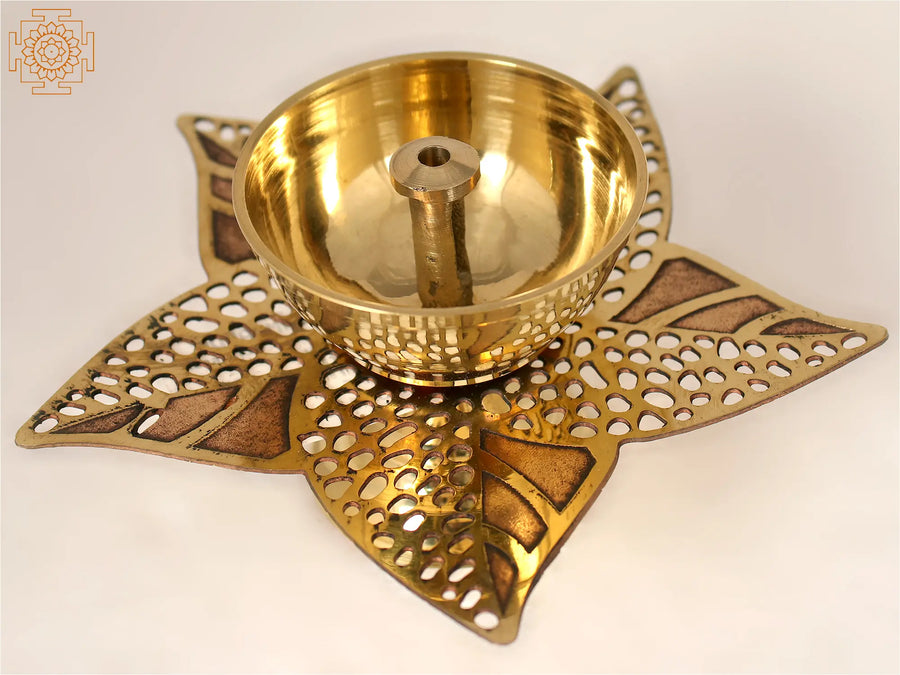 2" Small Brass Oil Lamp with Leaf Design