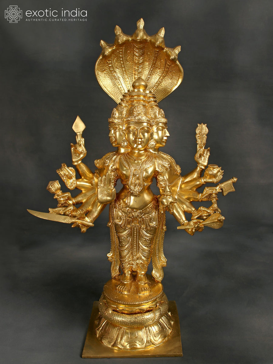 34" Handmade Shanmuga Murugan Brass Statue with Multiple Hands on Pedestal
