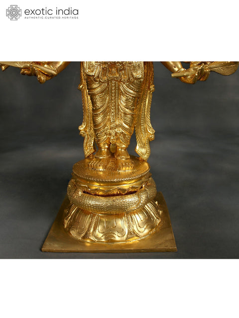 34" Superfine Shanmuga Murugan With Multiple Hands Standing On Pedestal In Brass | Handmade | Made In India