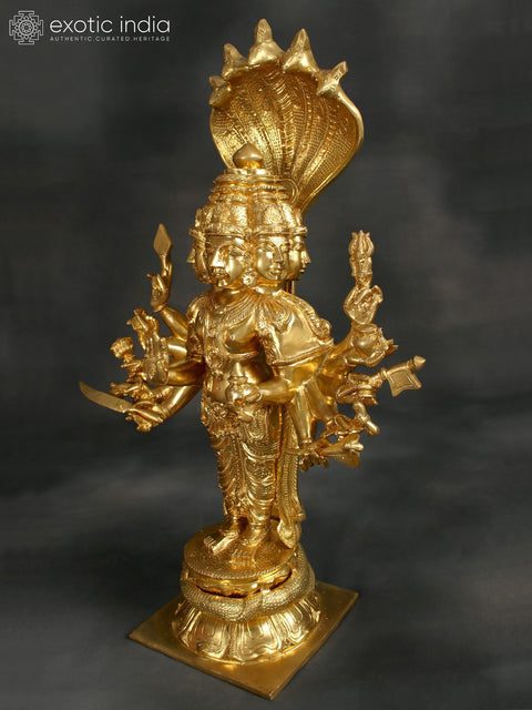 34" Superfine Shanmuga Murugan With Multiple Hands Standing On Pedestal In Brass | Handmade | Made In India