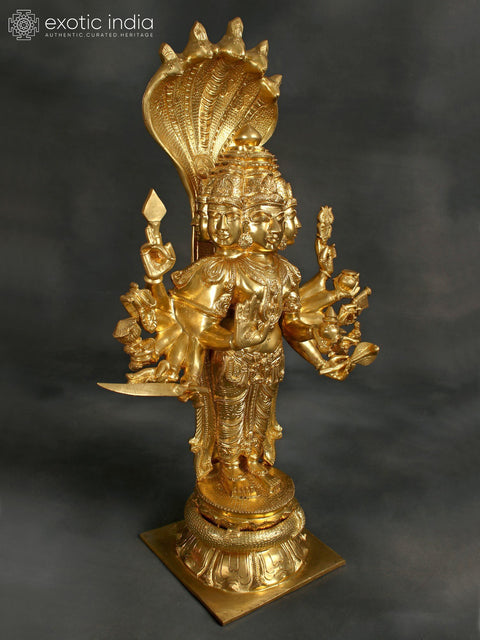 34" Superfine Shanmuga Murugan With Multiple Hands Standing On Pedestal In Brass | Handmade | Made In India