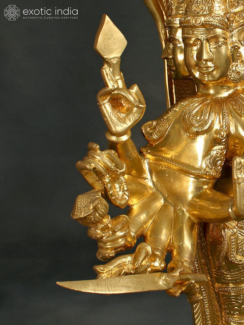 34" Superfine Shanmuga Murugan With Multiple Hands Standing On Pedestal In Brass | Handmade | Made In India