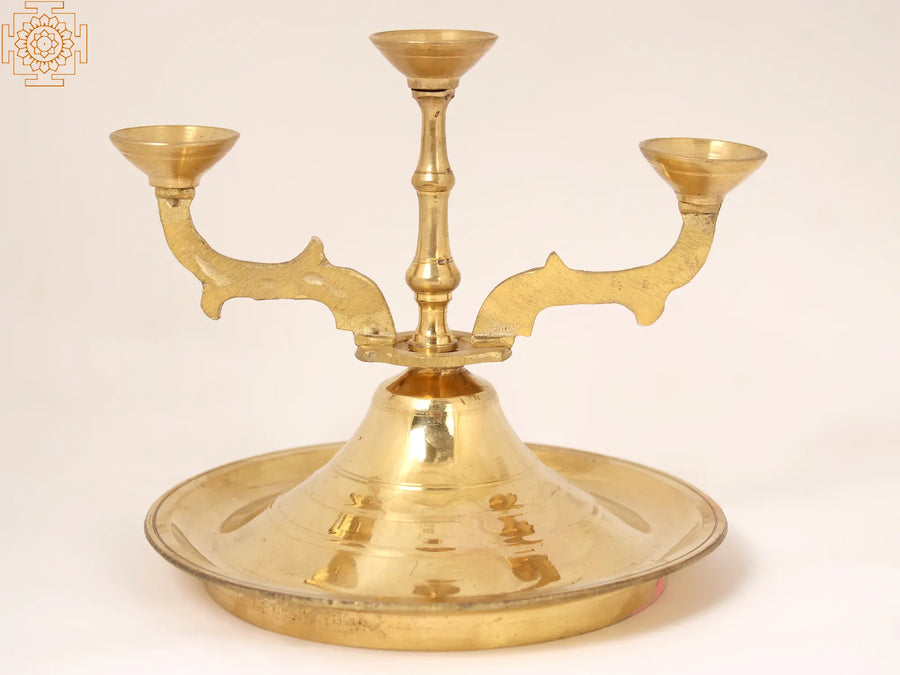 6" Brass Three Wicks Diya for Puja Home Decor