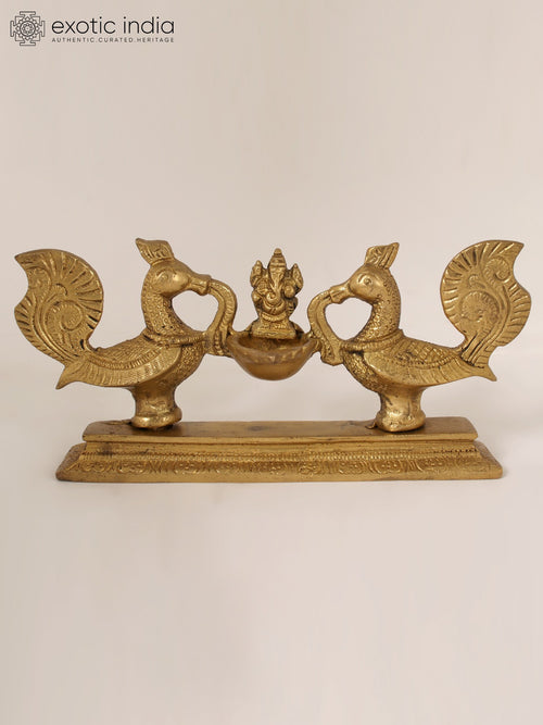 7" Brass Ganesha Peacock Design Oil Lamp for Pooja