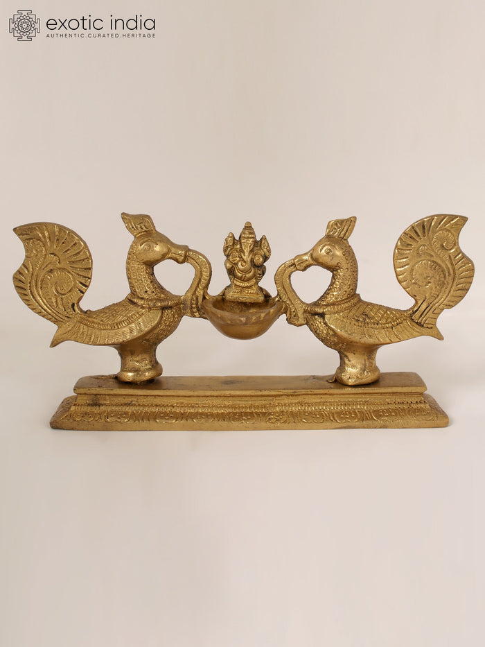 7" Brass Ganesha Peacock Design Oil Lamp for Pooja