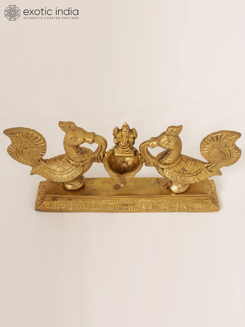 7" Peacocks Design Lamp with Ganesha in Brass