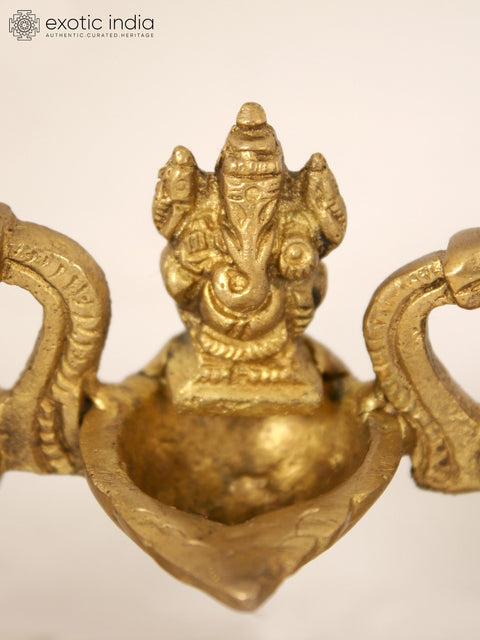 7" Peacocks Design Lamp with Ganesha in Brass