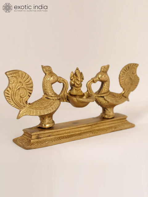 7" Peacocks Design Lamp with Ganesha in Brass