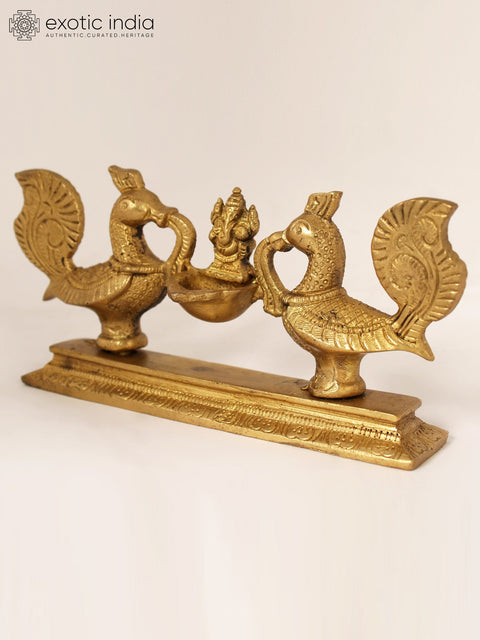 7" Peacocks Design Lamp with Ganesha in Brass