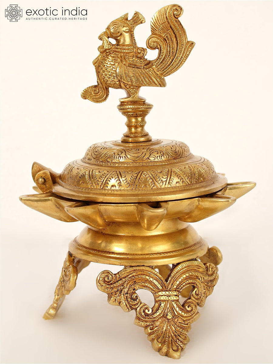 10" Brass Peacock Nine Wicks Oil Lamp