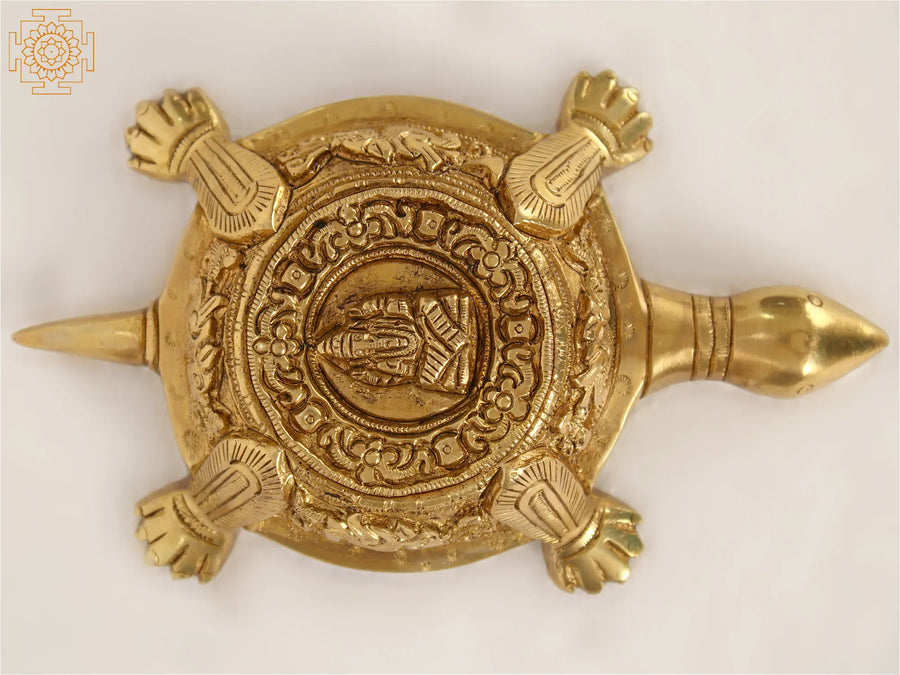 6" Brass Vastu Tortoise with Ganesha Handmade Statue
