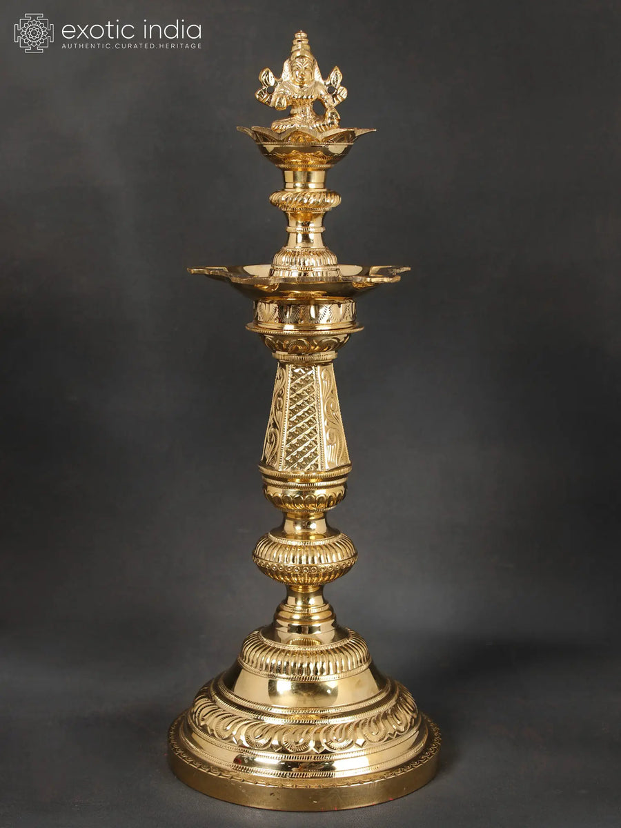16" Handmade Brass Lakshmi Lamp with Goddess Figure
