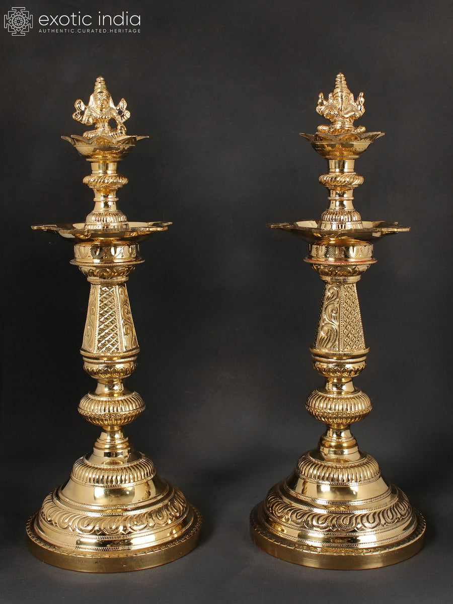16" Brass Ganesha and Lakshmi Lamp Pair for Pooja