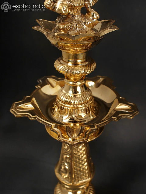 16" Superfine Pair of Lamps (Lord Ganesha and Goddess Lakshmi On Top of Lamp)