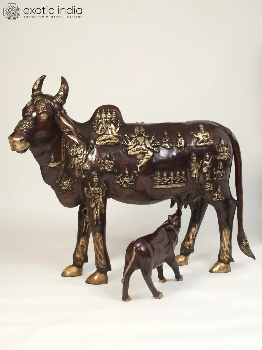 48" Large Kamadhenu Cow with Calf Brass Statue for Home Decor