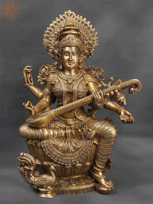 25" Sitting Devi Saraswati Handmade Brass Statue