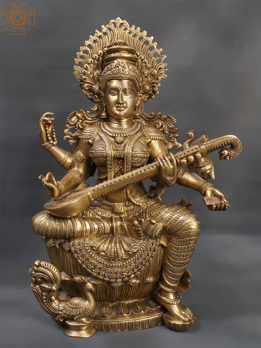 25" Sitting Devi Saraswati Handmade Brass Statue