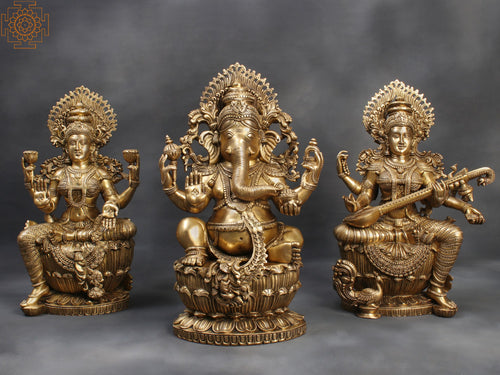 26" Lakshmi Ganesha Saraswati Brass Statue Set for Pooja