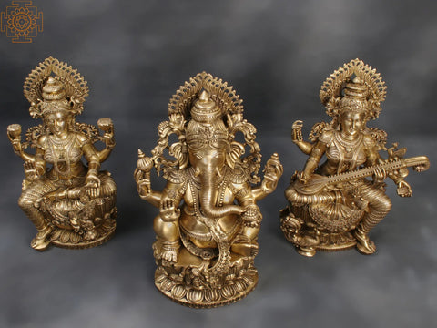 26" Set of Lakshmi, Ganesha and Saraswati Brass Statue