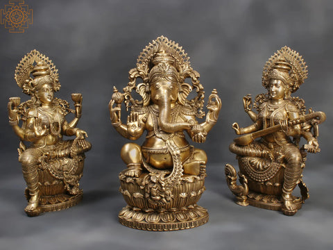 26" Set of Lakshmi, Ganesha and Saraswati Brass Statue