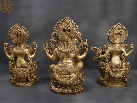 26" Set of Lakshmi, Ganesha and Saraswati Brass Statue