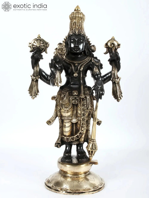 21" Lord Vishnu Standing Brass Statue with Gada and Pedestal